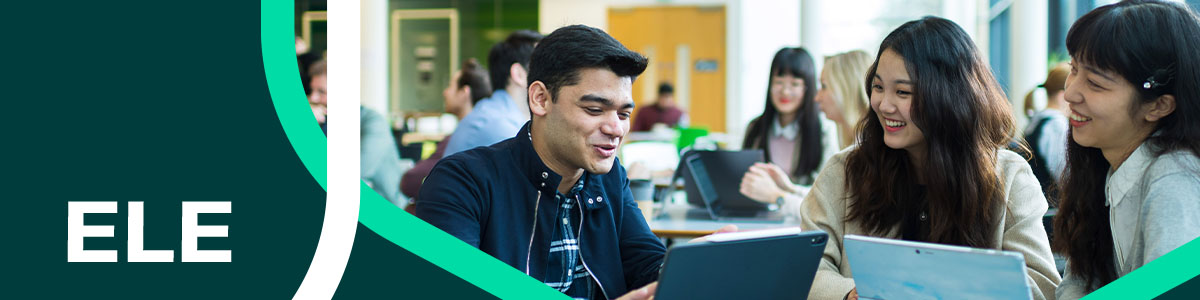 ELE homepage graphic overlaid over image of students sitting at a table using laptops.